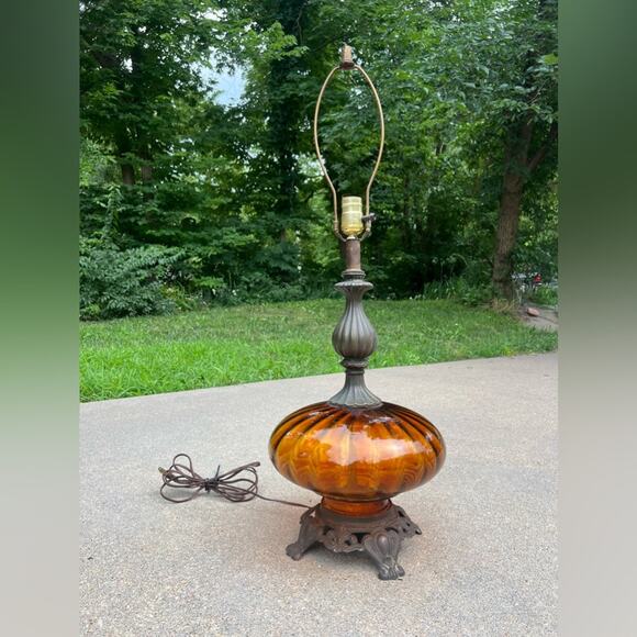 Vintage 60s 70s MCM Fat Amber Glass Table Lamp - Picture 1 of 10